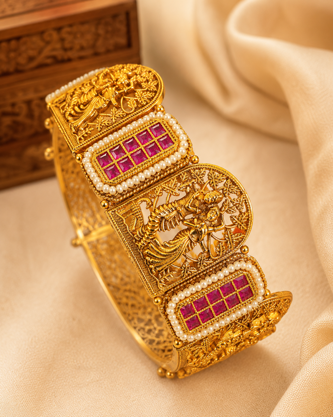 Traditional Temple Design Ruby Stone Kada Bangle | L370