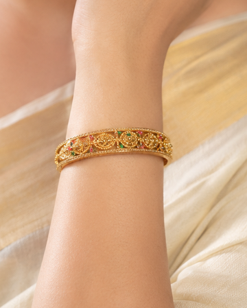 Traditional Temple Design Lakshmi Bangle with Ruby & Green Stones | ONK130