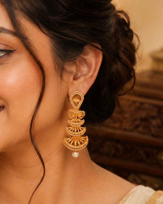 Gold Pave CZ Triple Crescent Fan Spiral Drop Earrings with Pearl Drop | OL256