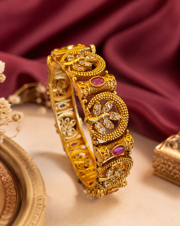 Traditional Antique Gold-Tone Kada Bangle with Pink Stones  | LV3035