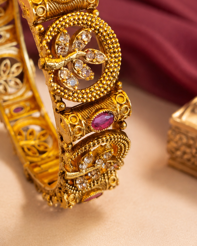Traditional Antique Gold-Tone Kada Bangle with Pink Stones  | LV3035