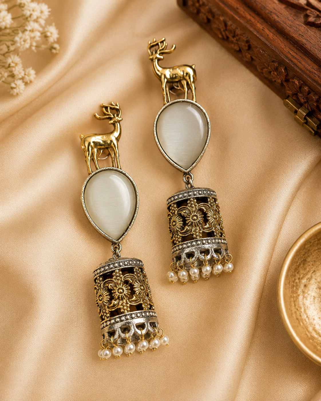 Oxidised Gold Deer Stag Top White Moonstone Teardrop Nakshi Floral Cylinder Jhumka Earrings | OL246