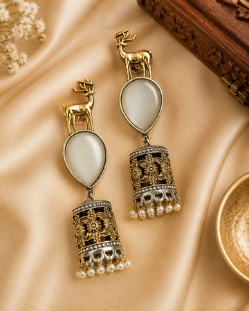 Oxidised Gold Deer Stag Top White Moonstone Teardrop Nakshi Floral Cylinder Jhumka Earrings | OL246