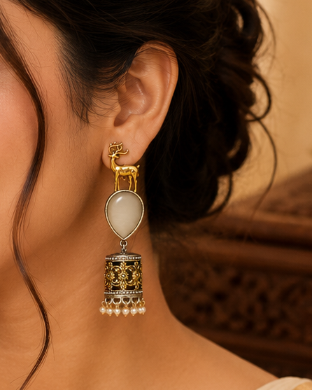 Oxidised Gold Deer Stag Top White Moonstone Teardrop Nakshi Floral Cylinder Jhumka Earrings | OL246
