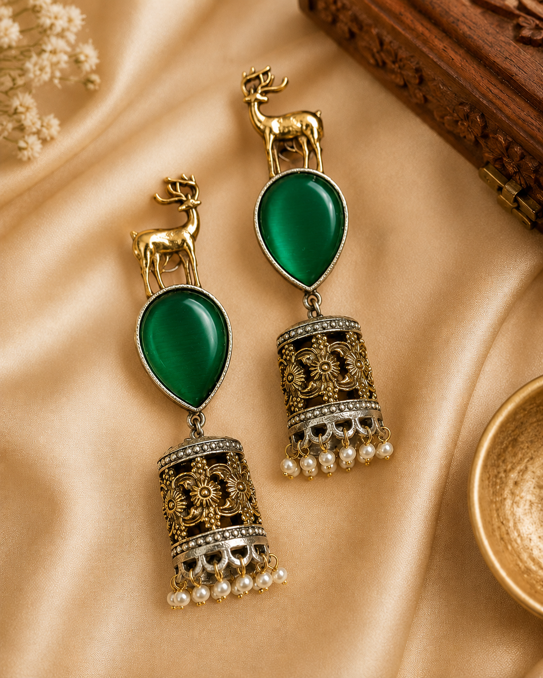 Oxidised Gold Deer Stag Top White Moonstone Teardrop Nakshi Floral Cylinder Jhumka Earrings | OL246