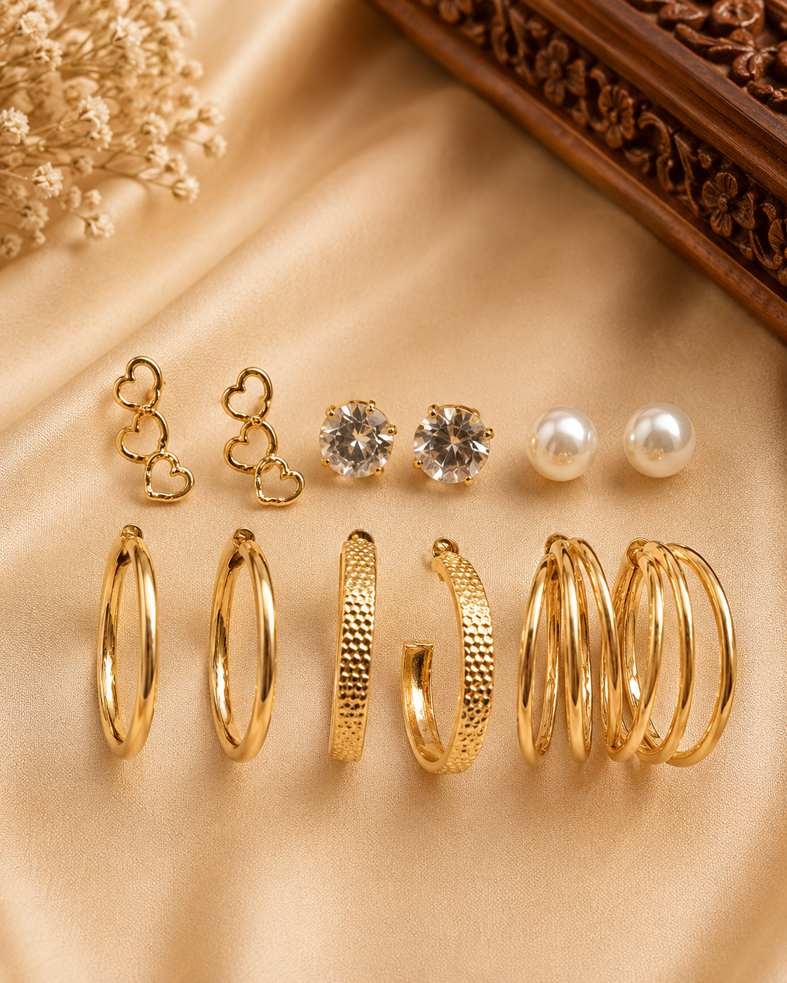 Gold 6-in-1 Earrings Combo Set with Heart Studs, CZ Studs, Pearl Studs & Hoop Earrings | OL249