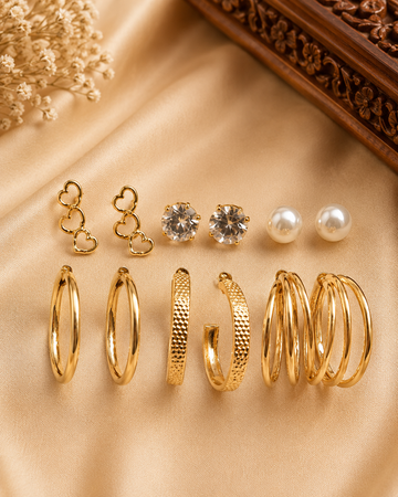 Gold 6-in-1 Earrings Combo Set with Heart Studs, CZ Studs, Pearl Studs & Hoop Earrings | OL249