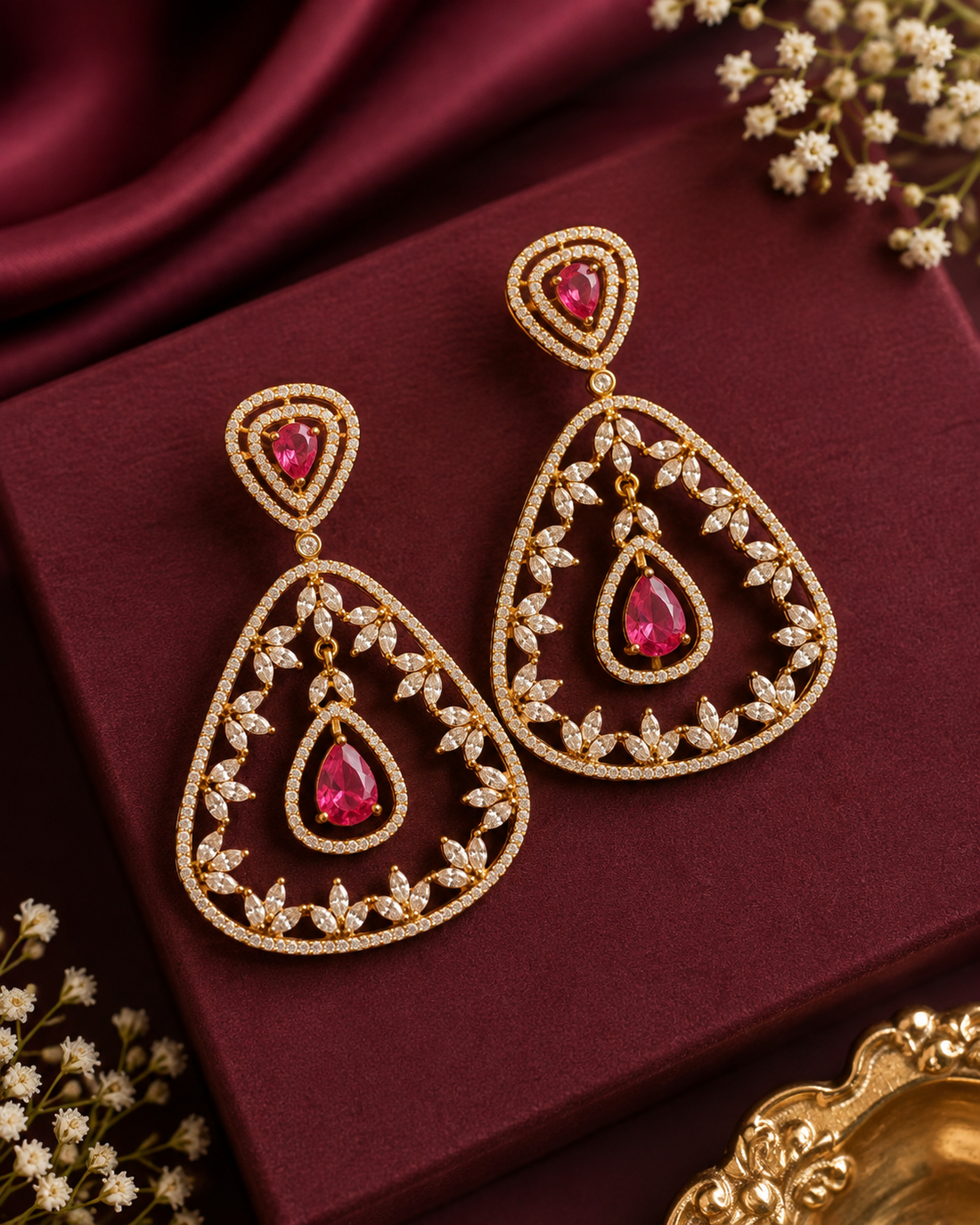Gold CZ Pave Open Triangle Marquise Leaf Drop Earrings | ONK137