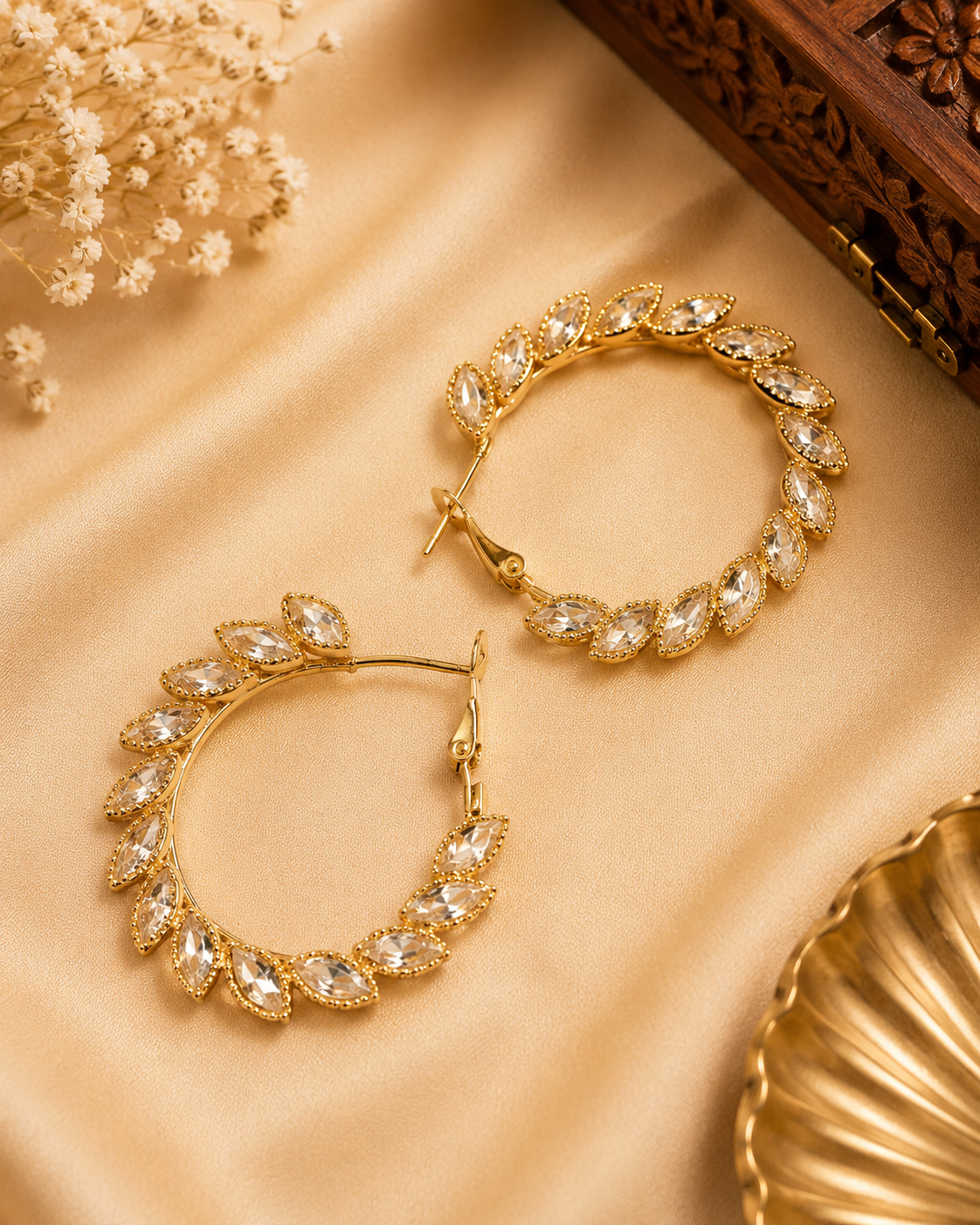 Gold CZ Marquise Leaf Wreath Large Hoop Earrings | OL254