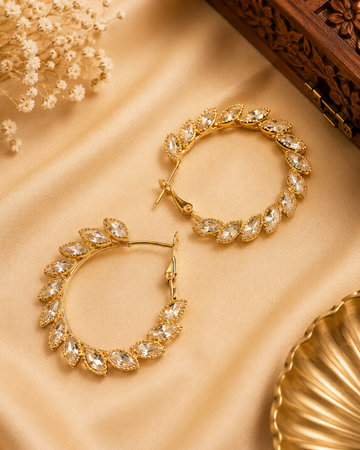 Gold CZ Marquise Leaf Wreath Large Hoop Earrings | OL254