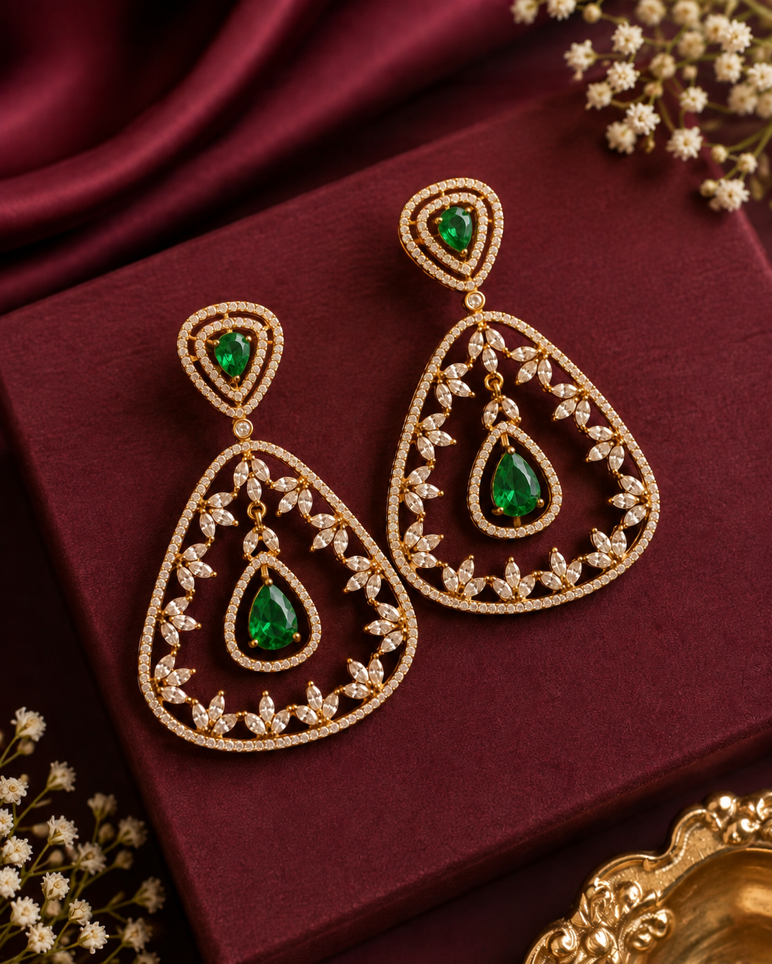 Gold CZ Pave Open Triangle Marquise Leaf Drop Earrings | ONK137