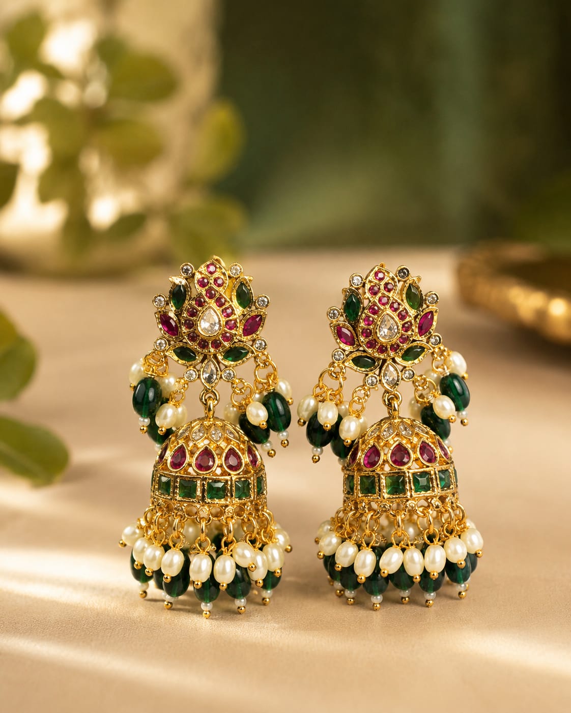 Gold Kundan Lotus Jhumka Earrings with Emerald & Ruby Drops | OL224
