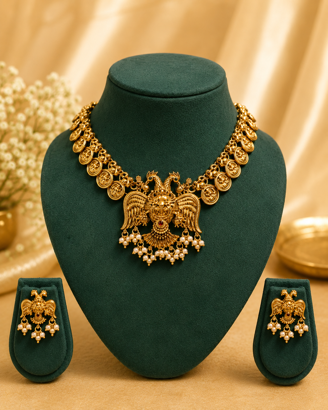 Antique Gold Double Peacock Garuda Temple Necklace Set with Pearls | OL127