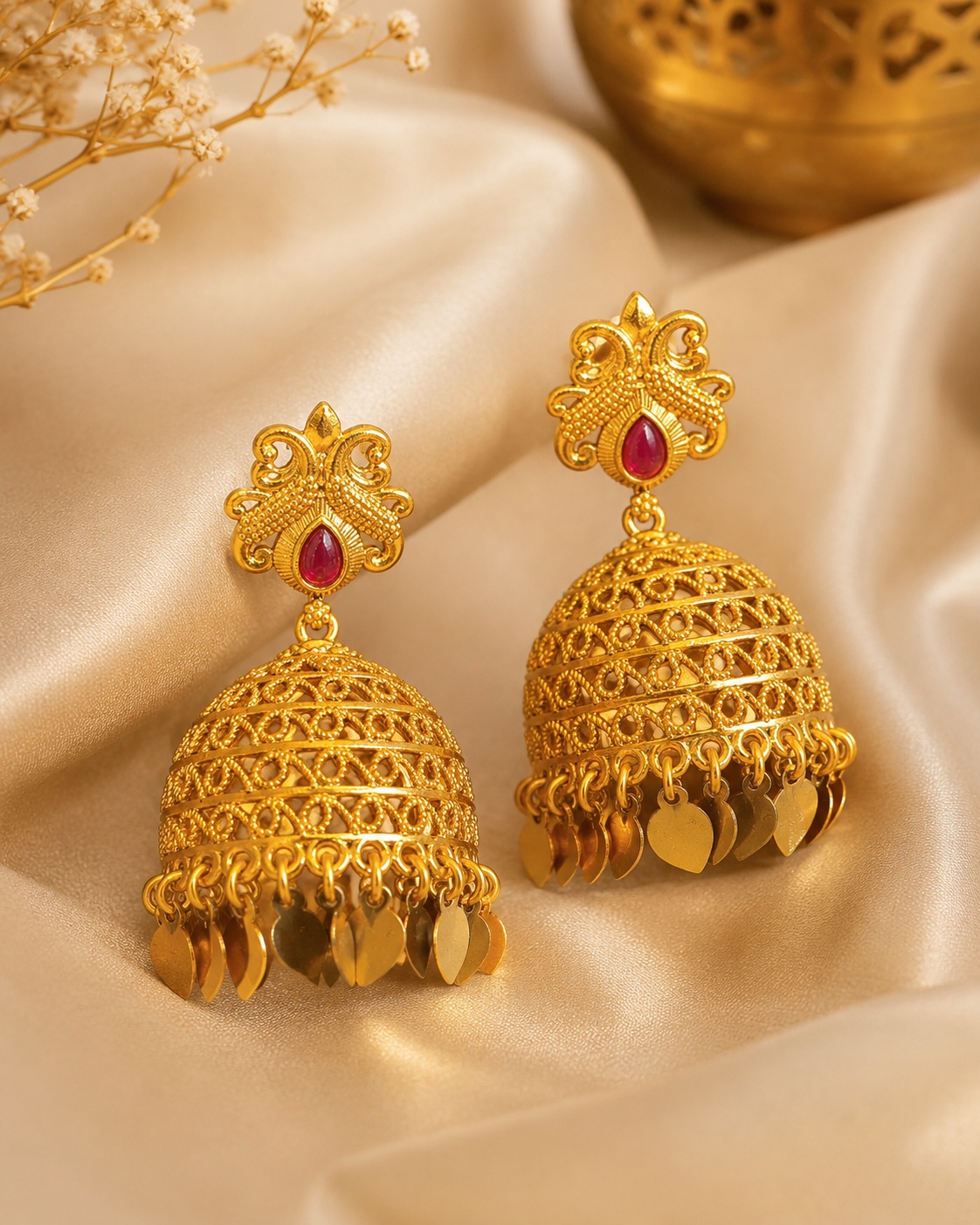Gold Ruby Teardrop Peacock Filigree Cage Jhumka Earrings-Pattern 5 | ONK96
