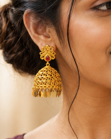 Gold Ruby Teardrop Peacock Filigree Cage Jhumka Earrings-Pattern 5 | ONK96