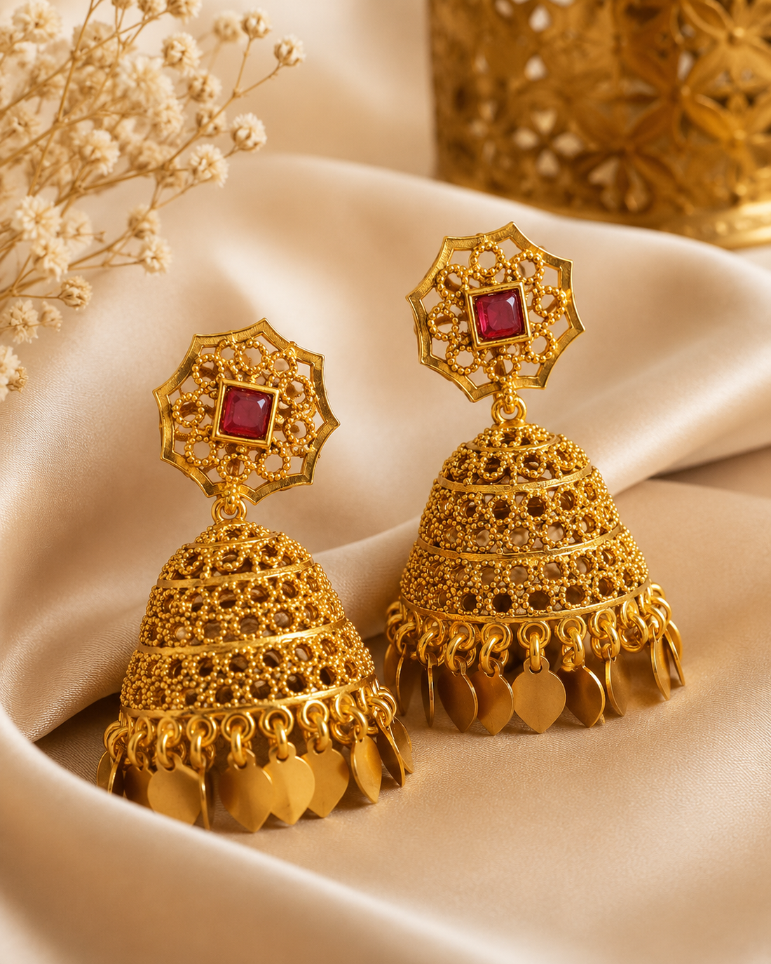 Gold Ruby Square Octagon Filigree Granule Dome Jhumka Earrings-Pattern 6 | ONK96