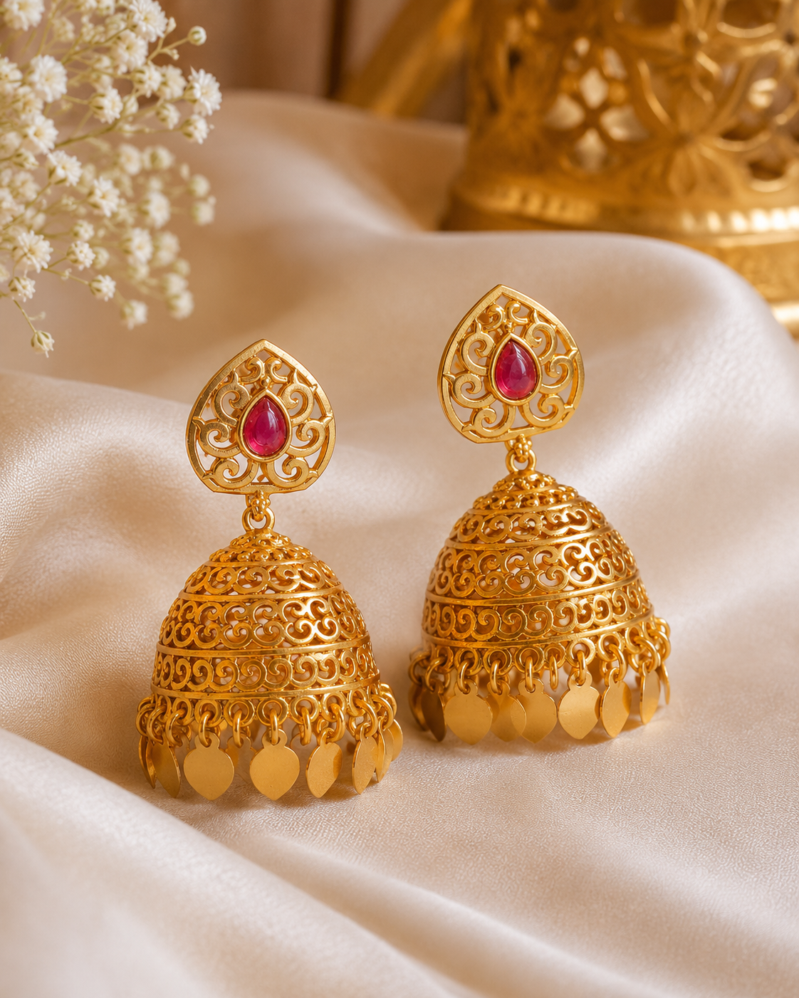 Gold Ruby Teardrop Heart Filigree Scroll Dome Jhumka Earrings - Pattern 7 | ONK96