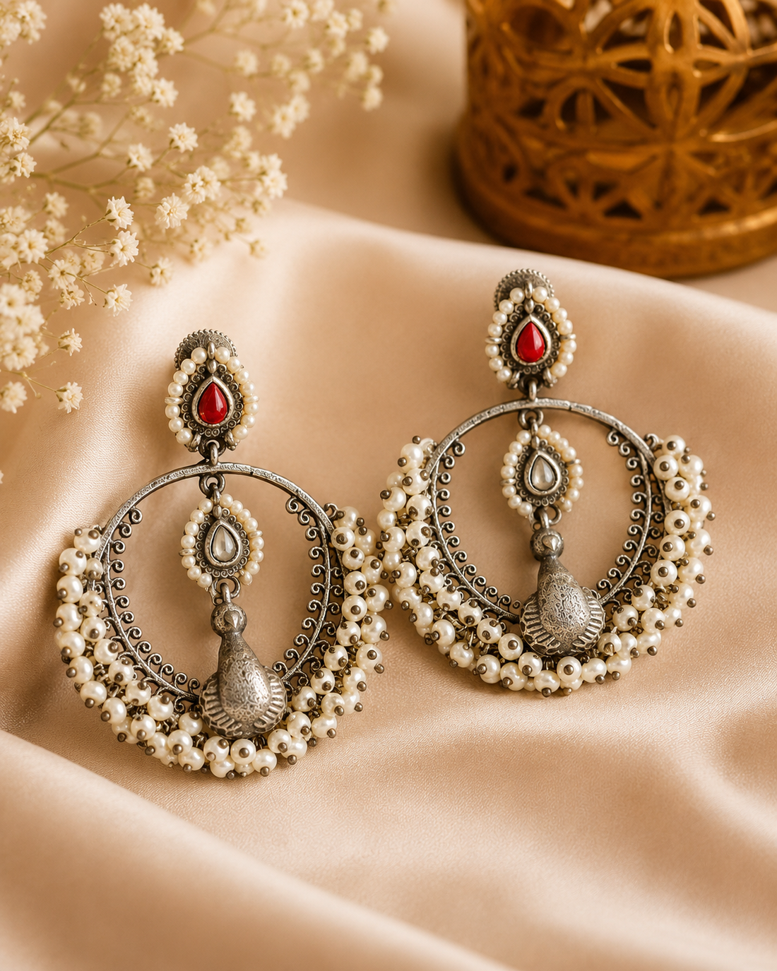 Oxidised Silver Ruby Coral Seed Pearl Chandbali Hoop Earrings | OLT71