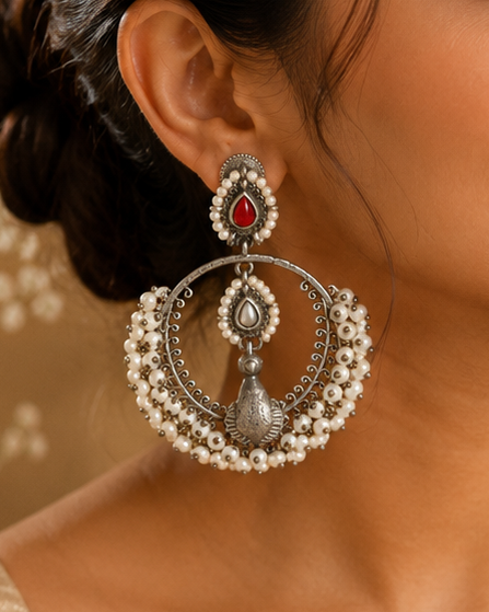 Oxidised Silver Ruby Coral Seed Pearl Chandbali Hoop Earrings | OLT71