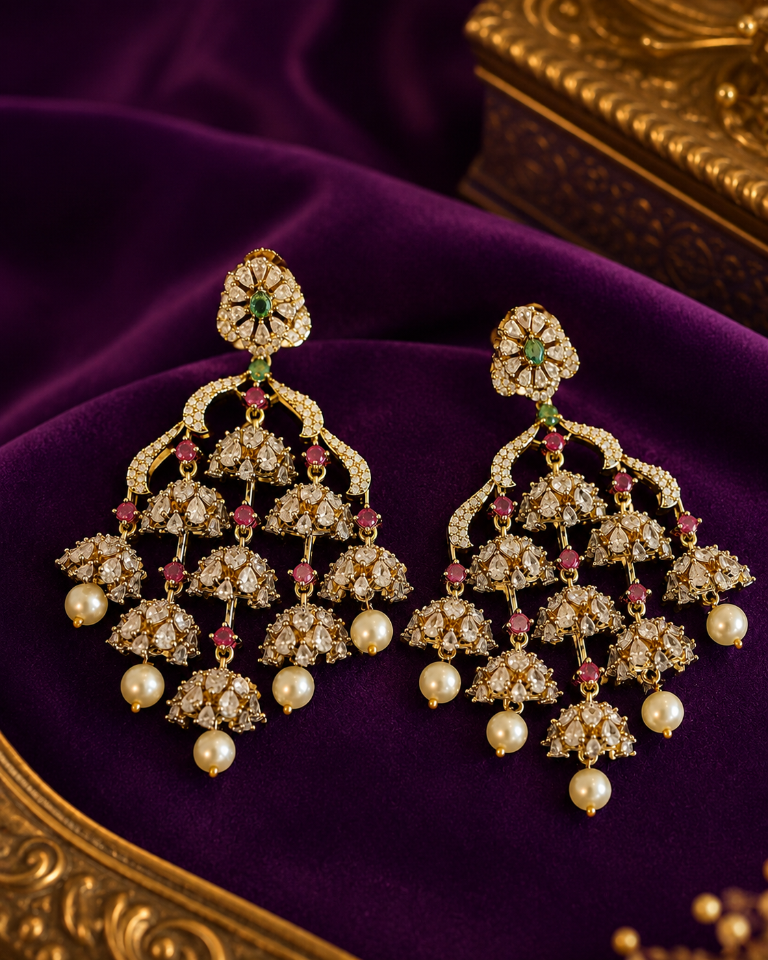 Gold Polki Diamond Chandelier Earrings with Pearl Drops | ONK90