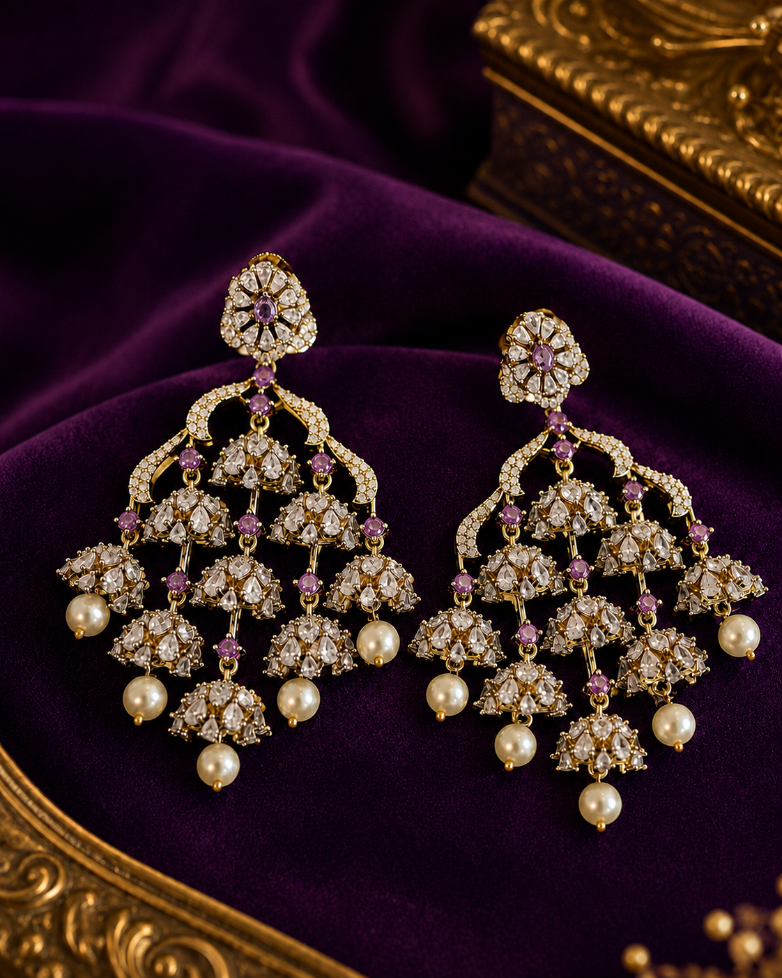 Gold Polki Diamond Chandelier Earrings with Pearl Drops | ONK90