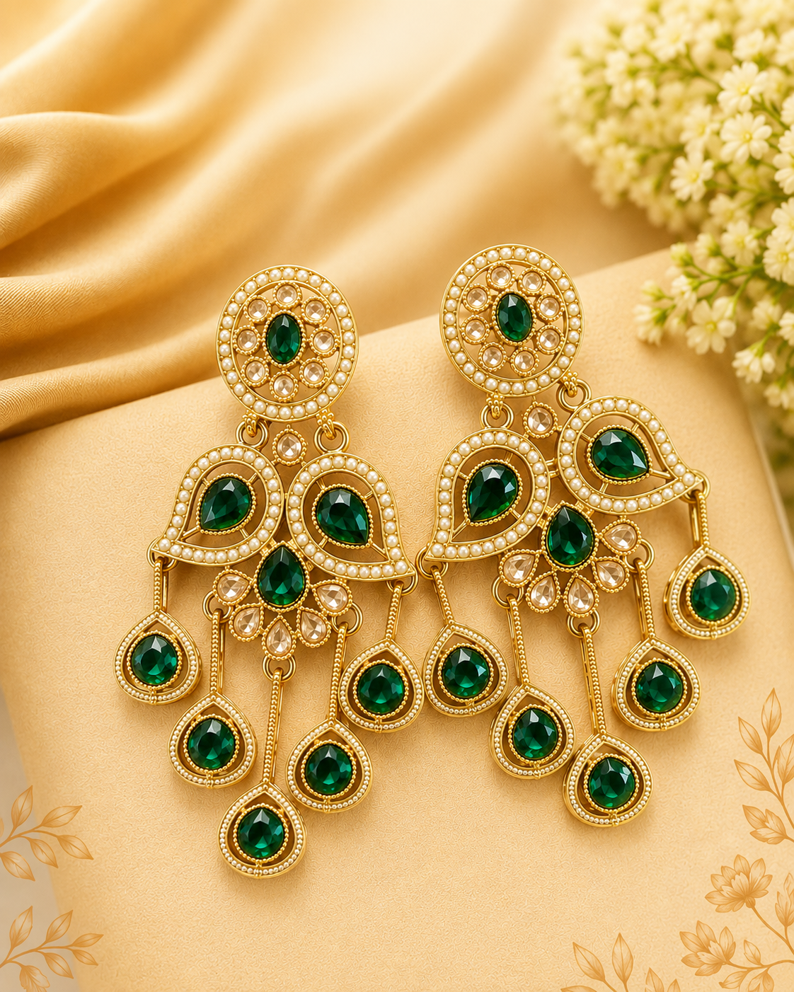 Gold Emerald Teardrop Seed Pearl Paisley Chandelier Earrings | OLT128