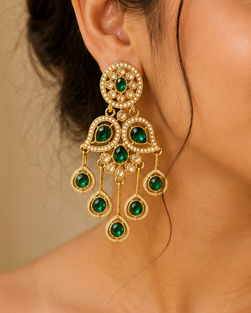 Gold Emerald Teardrop Seed Pearl Paisley Chandelier Earrings | OLT128