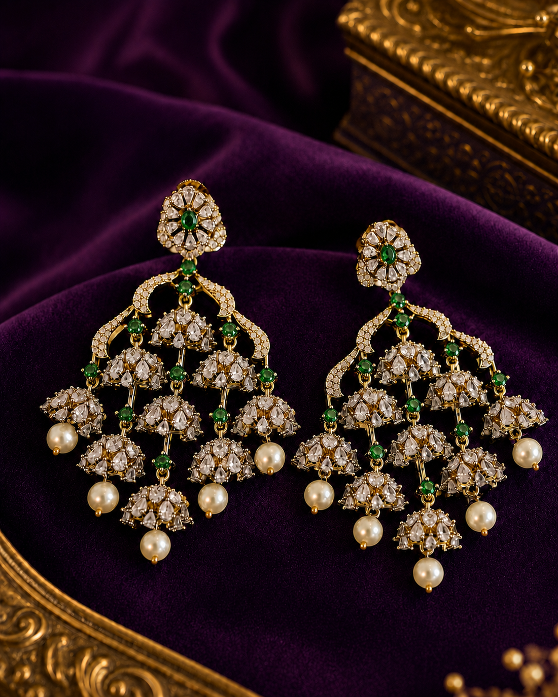 Gold Polki Diamond Chandelier Earrings with Pearl Drops | ONK90