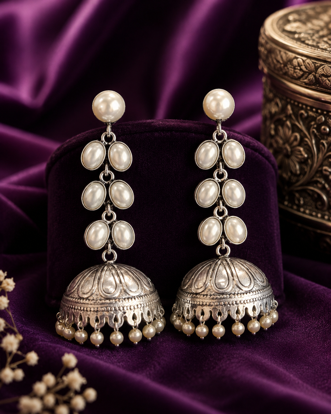 Oxidised Silver Triple Oval Pearl Cascade Long Jhumka Earrings | OLT69