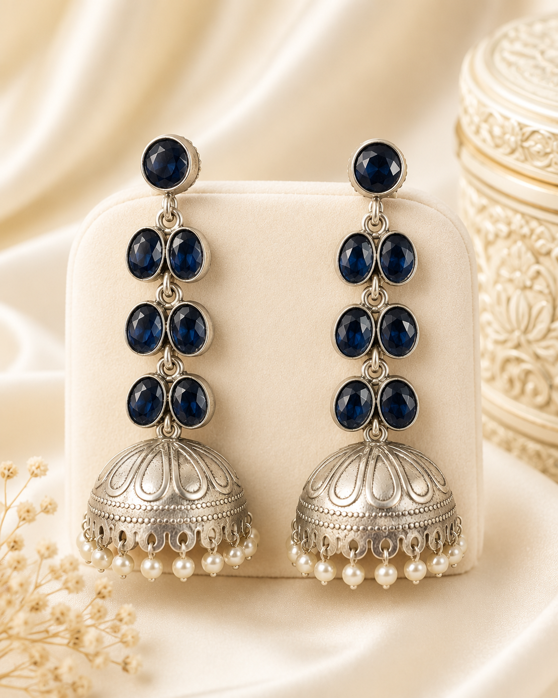Oxidised Silver Triple Oval Pearl Cascade Long Jhumka Earrings | OLT69