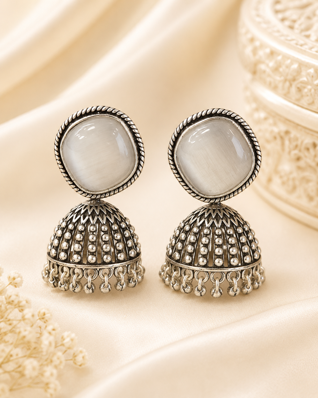 Oxidised Silver White Moonstone Cushion Granule Dome Jhumka Earrings | OLT73
