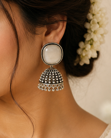 Oxidised Silver White Moonstone Cushion Granule Dome Jhumka Earrings | OLT73