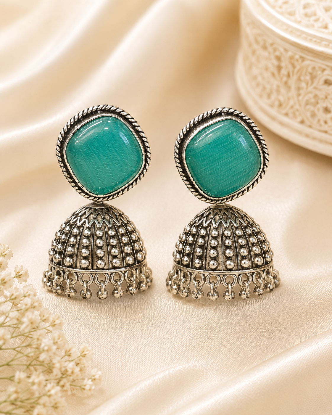 Oxidised Silver White Moonstone Cushion Granule Dome Jhumka Earrings | OLT73