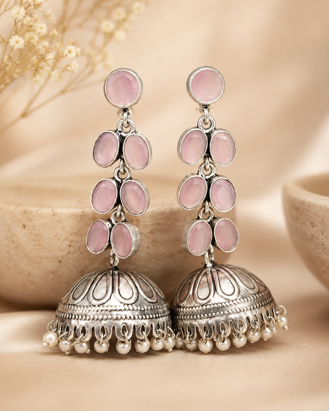 Oxidised Silver Triple Oval Pearl Cascade Long Jhumka Earrings | OLT69