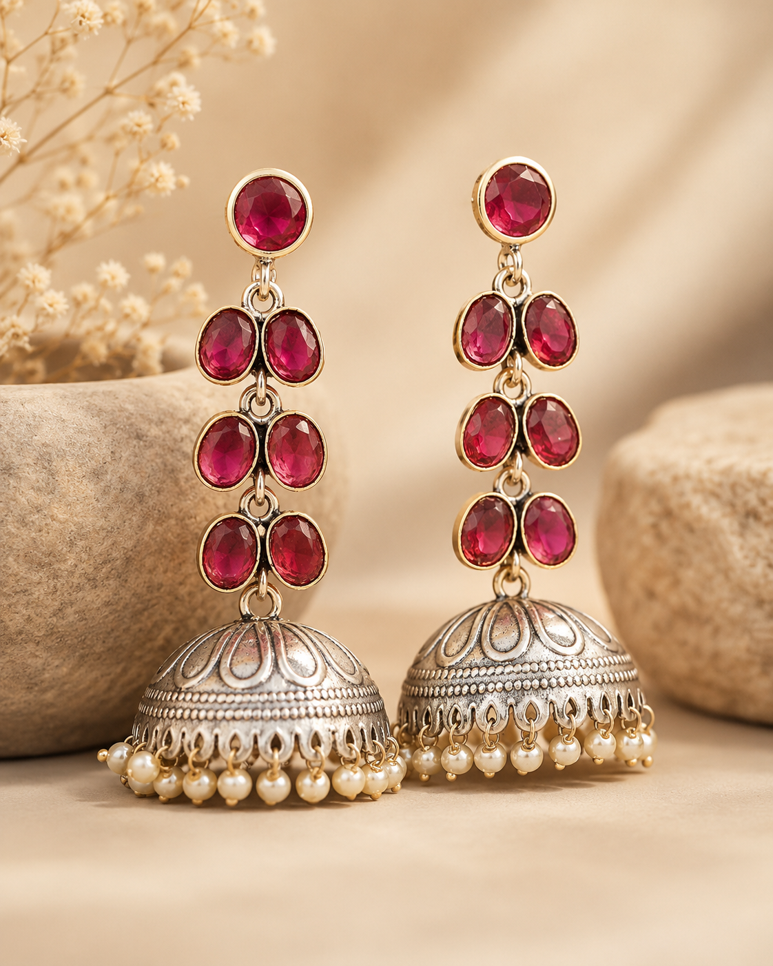 Oxidised Silver Triple Oval Pearl Cascade Long Jhumka Earrings | OLT69