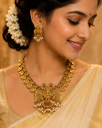Antique Gold Double Peacock Garuda Temple Necklace Set with Pearls | OL127