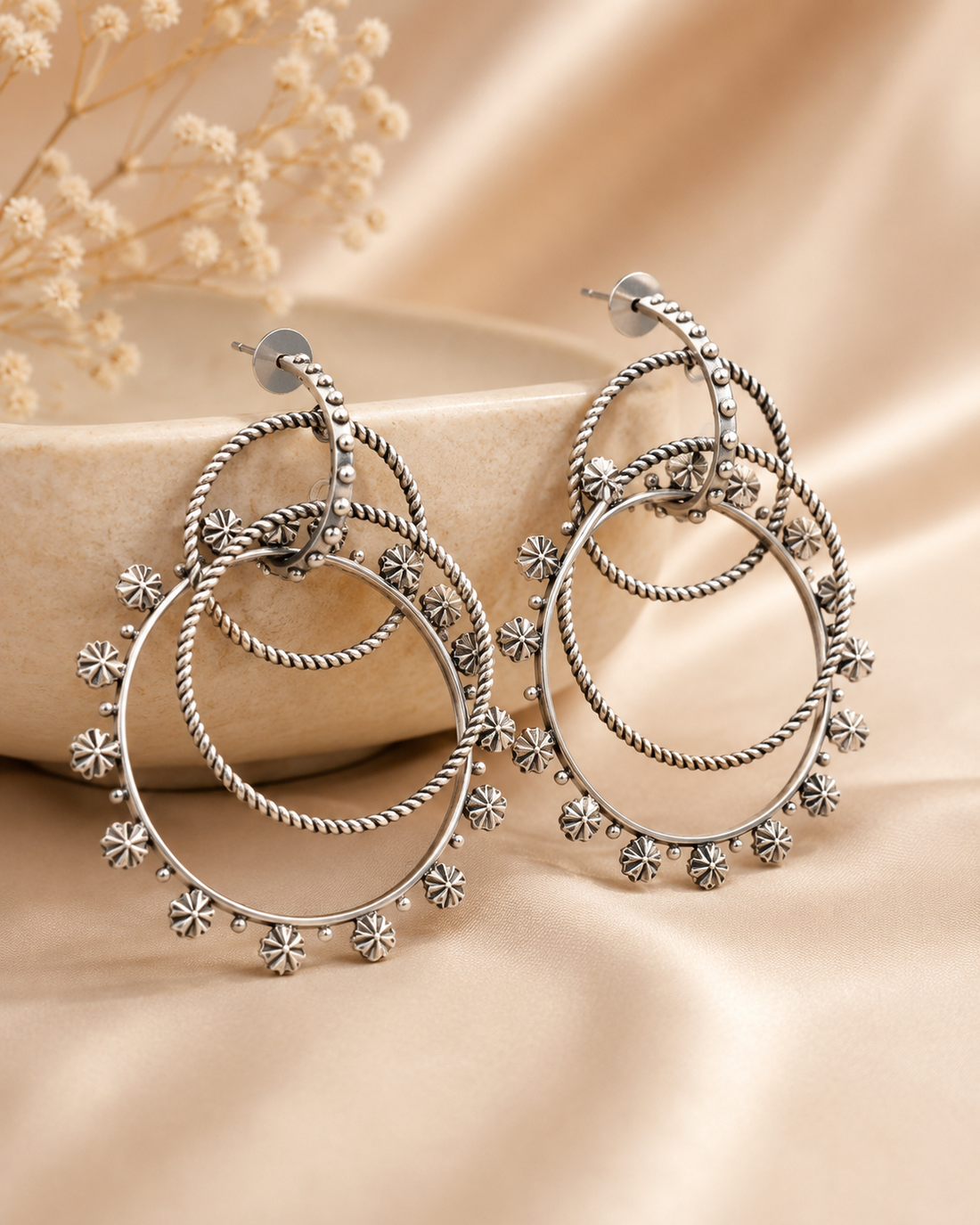 Oxidised Silver Triple Concentric Rope Twist Hoop Earrings | OLT72