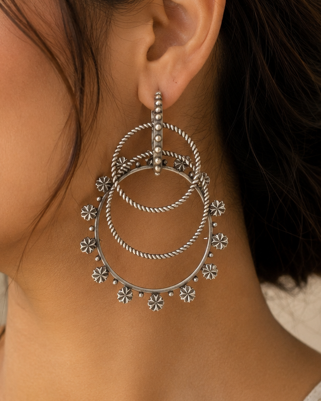 Oxidised Silver Triple Concentric Rope Twist Hoop Earrings | OLT72