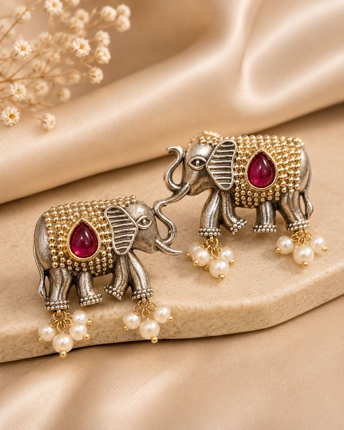Dual Tone Ruby Cabochon Elephant Stud Earrings with Pearl Drops | OLT70