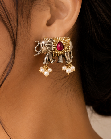 Dual Tone Ruby Cabochon Elephant Stud Earrings with Pearl Drops | OLT70