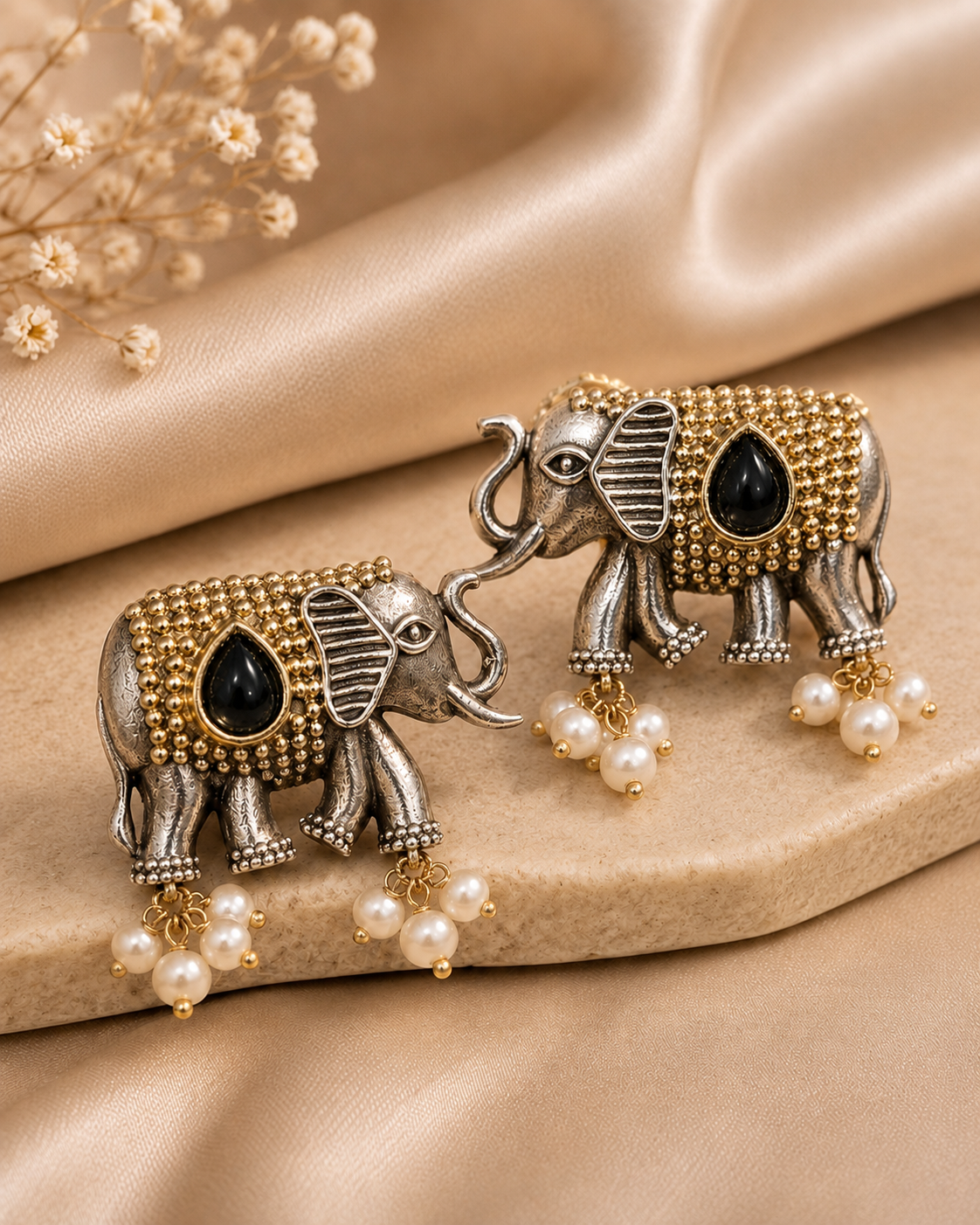 Dual Tone Ruby Cabochon Elephant Stud Earrings with Pearl Drops | OLT70