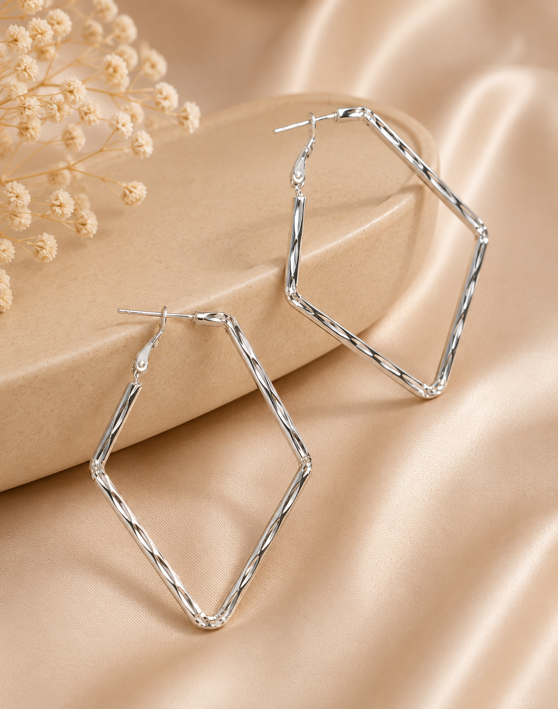 Silver Large Diamond Rhombus Twisted Rope Hoop Earrings | OLT74