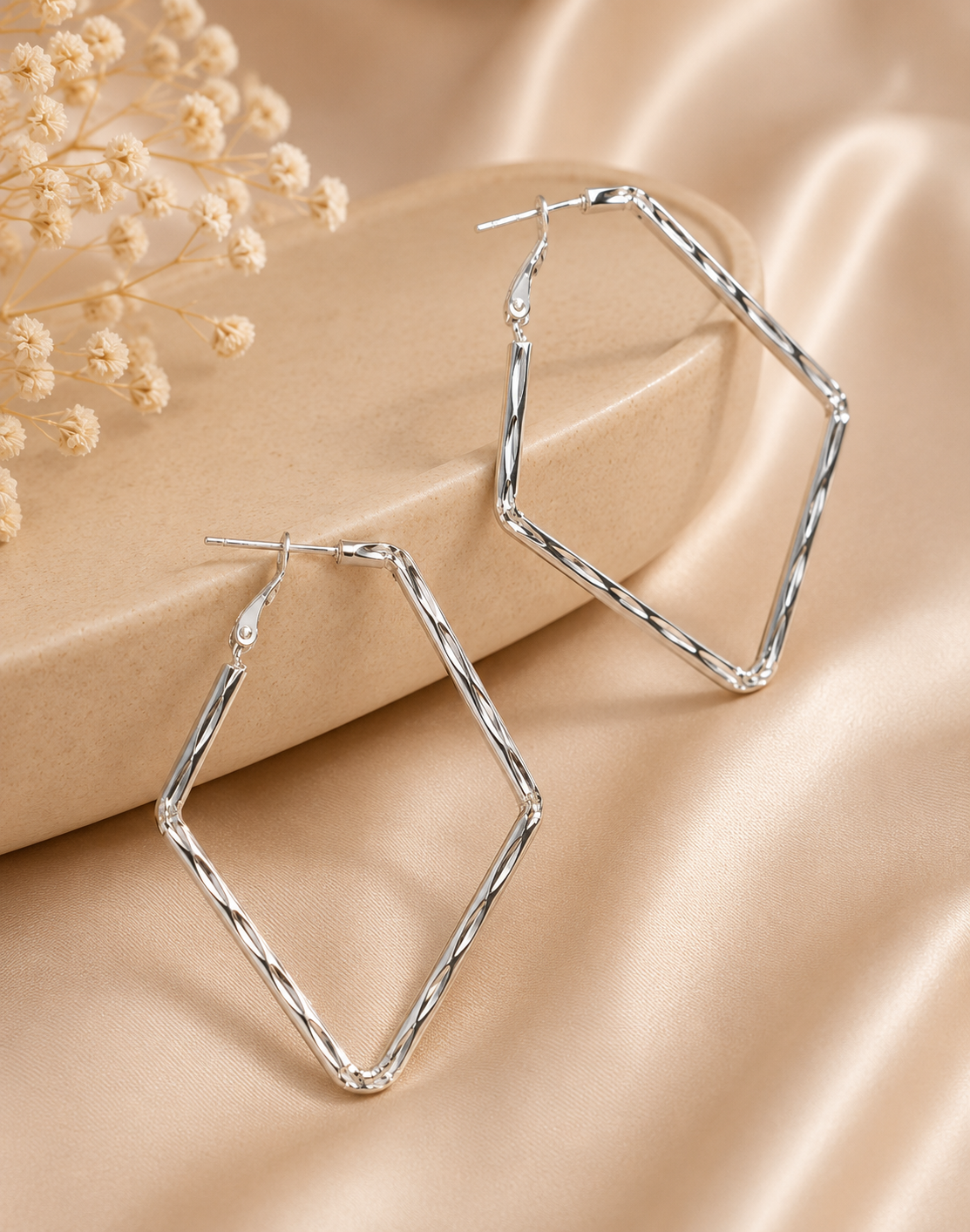 Silver Large Diamond Rhombus Twisted Rope Hoop Earrings | OLT74