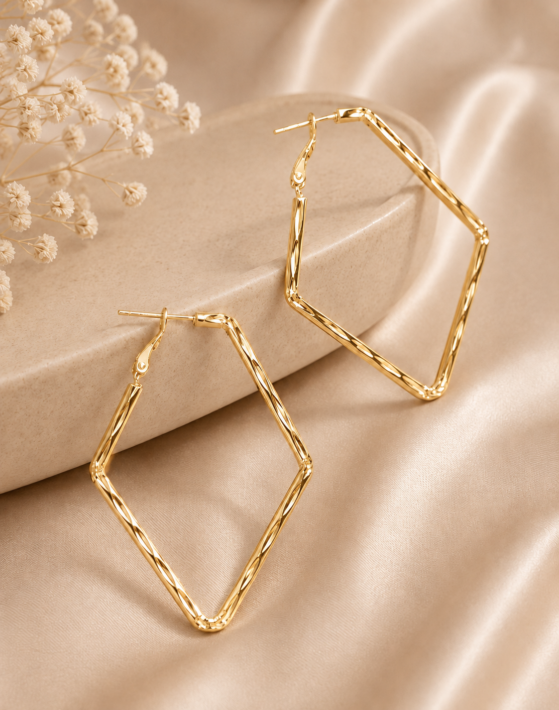 Silver Large Diamond Rhombus Twisted Rope Hoop Earrings | OLT74
