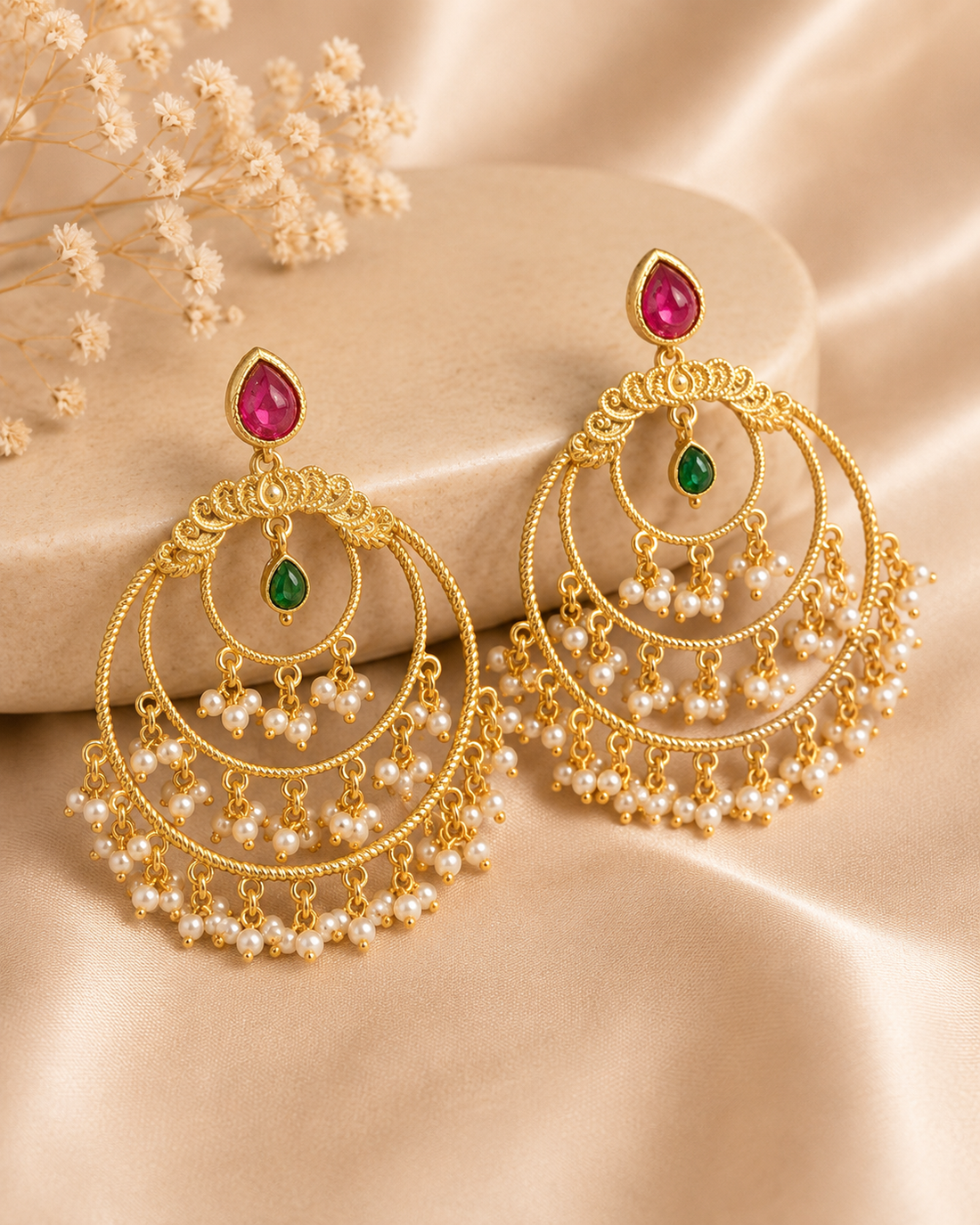 Gold Ruby Teardrop Triple Crescent Chandbali Earrings with Pearl Fringe | ONK89
