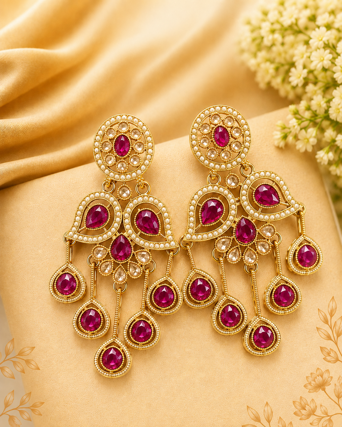 Gold Emerald Teardrop Seed Pearl Paisley Chandelier Earrings | OLT128