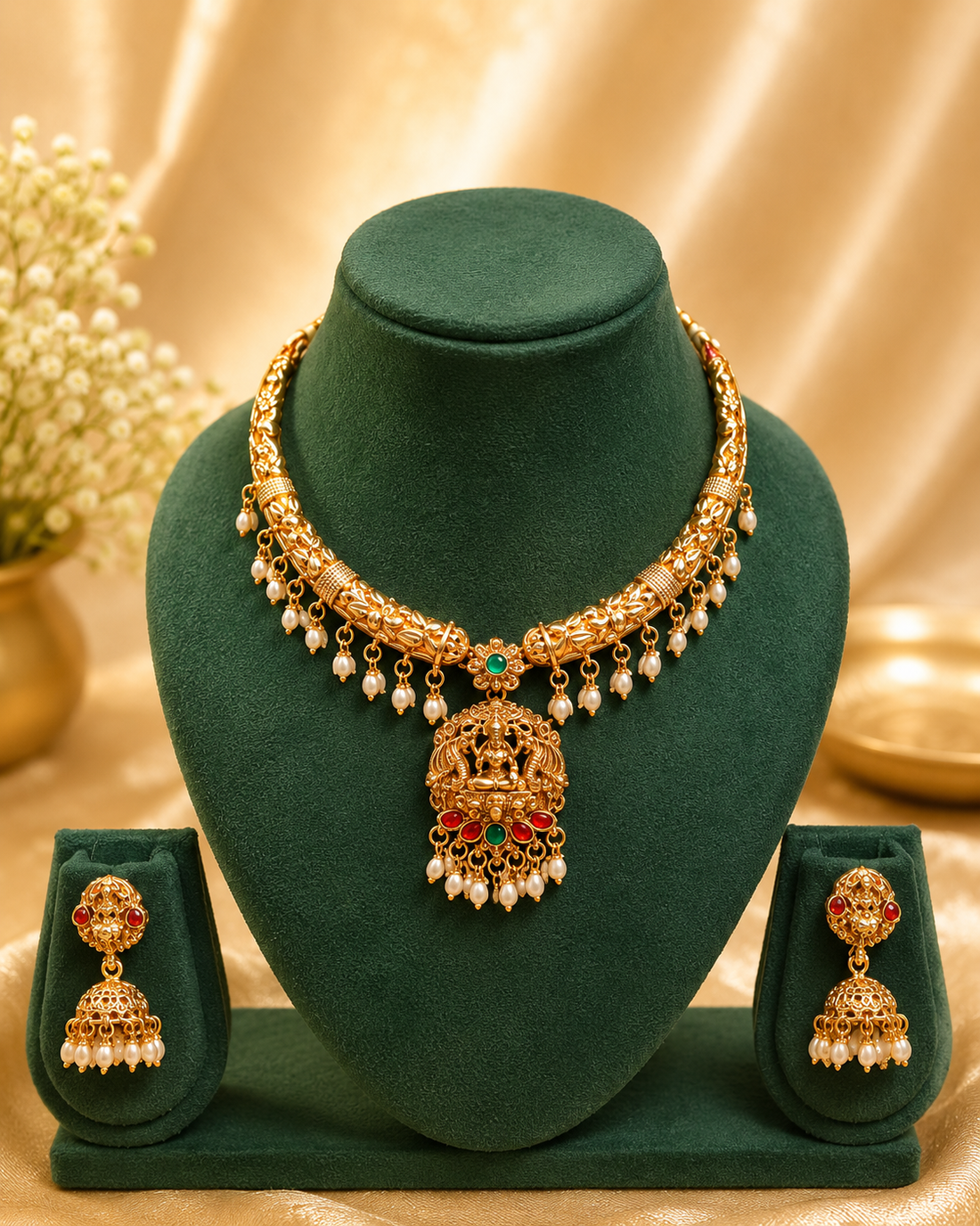Antique Gold Lakshmi Temple Pendant Torque Necklace Set with Pearls | OL73