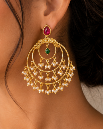 Gold Ruby Teardrop Triple Crescent Chandbali Earrings with Pearl Fringe | ONK89