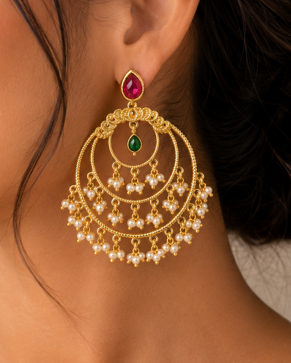 Gold Ruby Teardrop Triple Crescent Chandbali Earrings with Pearl Fringe | ONK89