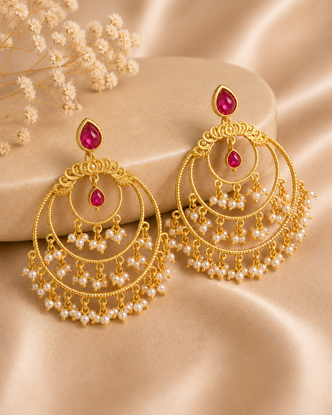 Gold Ruby Teardrop Triple Crescent Chandbali Earrings with Pearl Fringe | ONK89